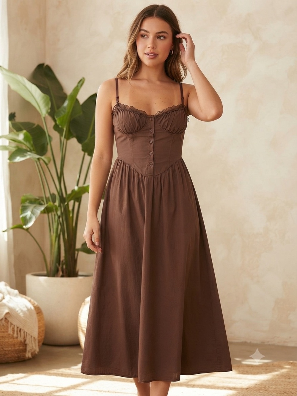 Boohoo Chocolate Brown Button-Front Midi Dress